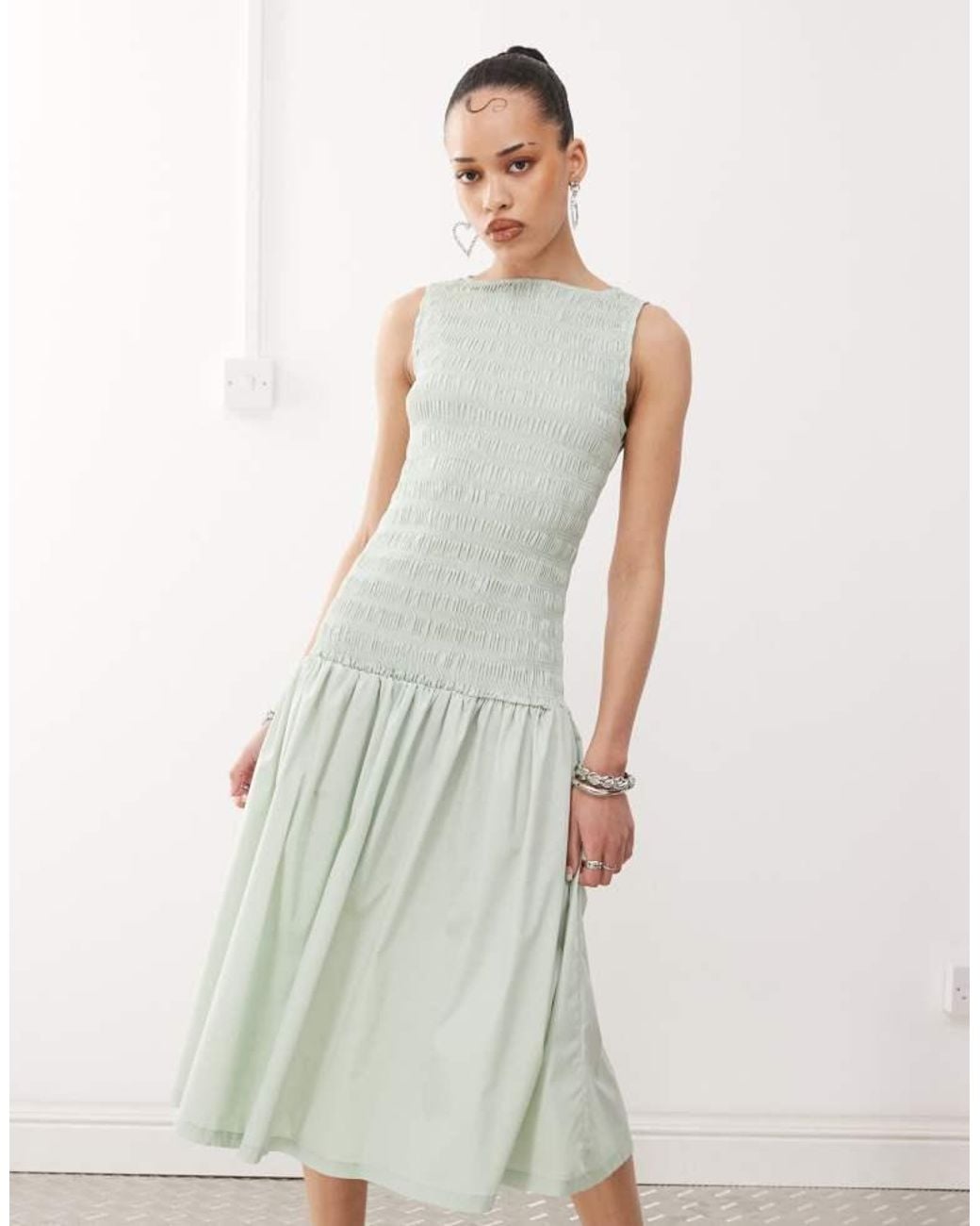 Amy Lynn Natural Shirred Drop Waist Midi Dress