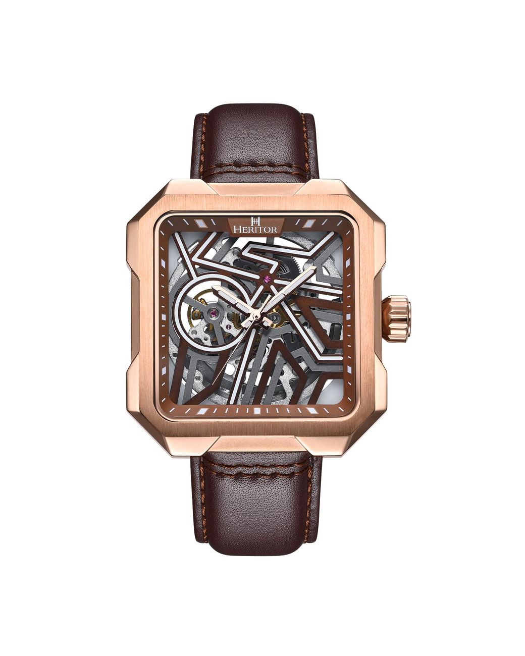 Heritor Metallic Campbell Leather-Band Skeleton Watch for men