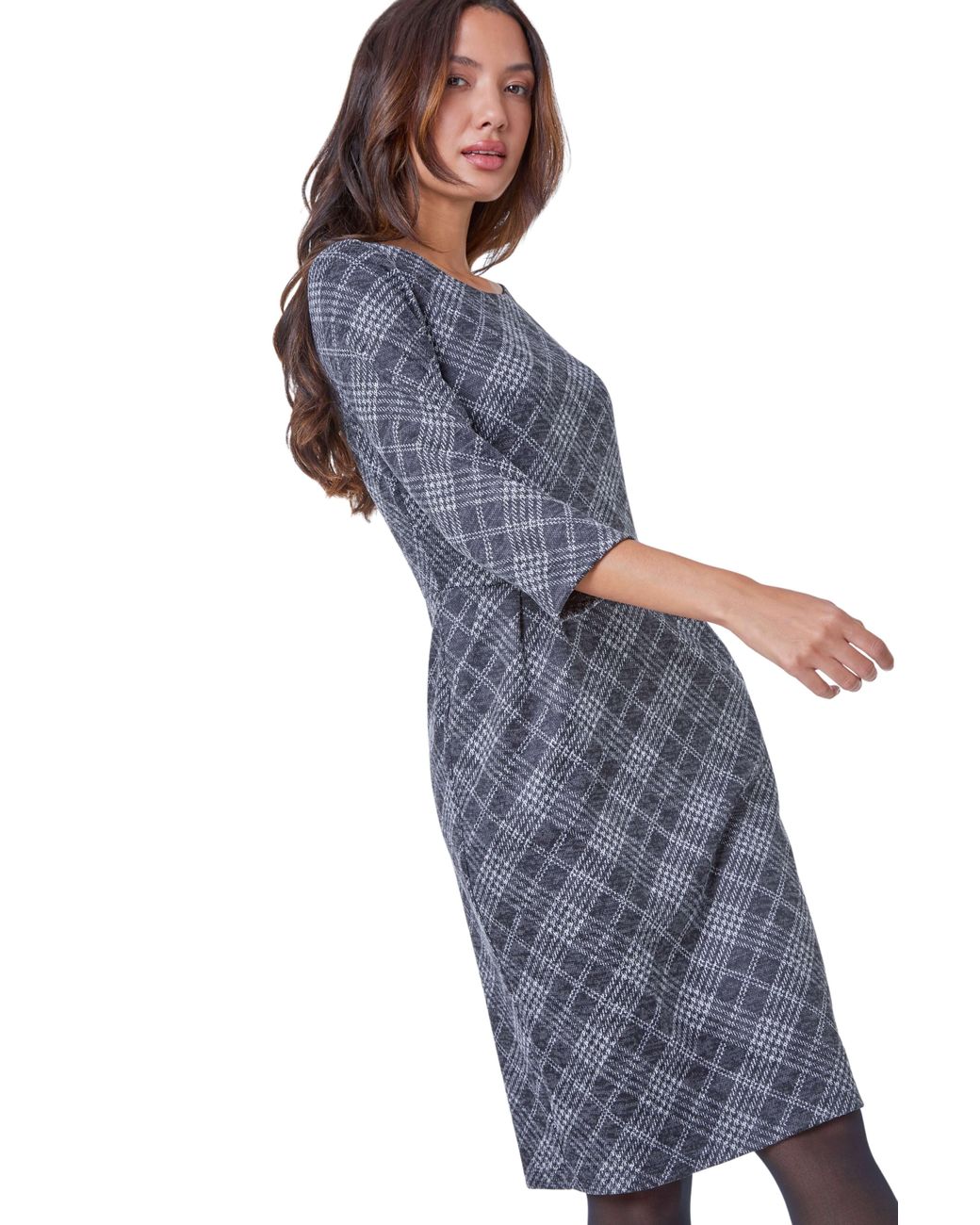 Roman Blue Checked Pleat Front Shift Dress