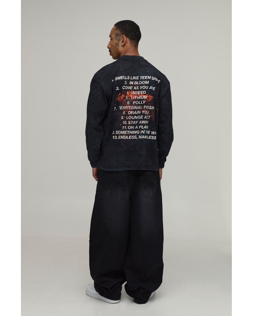 BoohooMAN Blue Washed Oversized Nirvana Tour License Print Long Sleeve T-Shirt for men