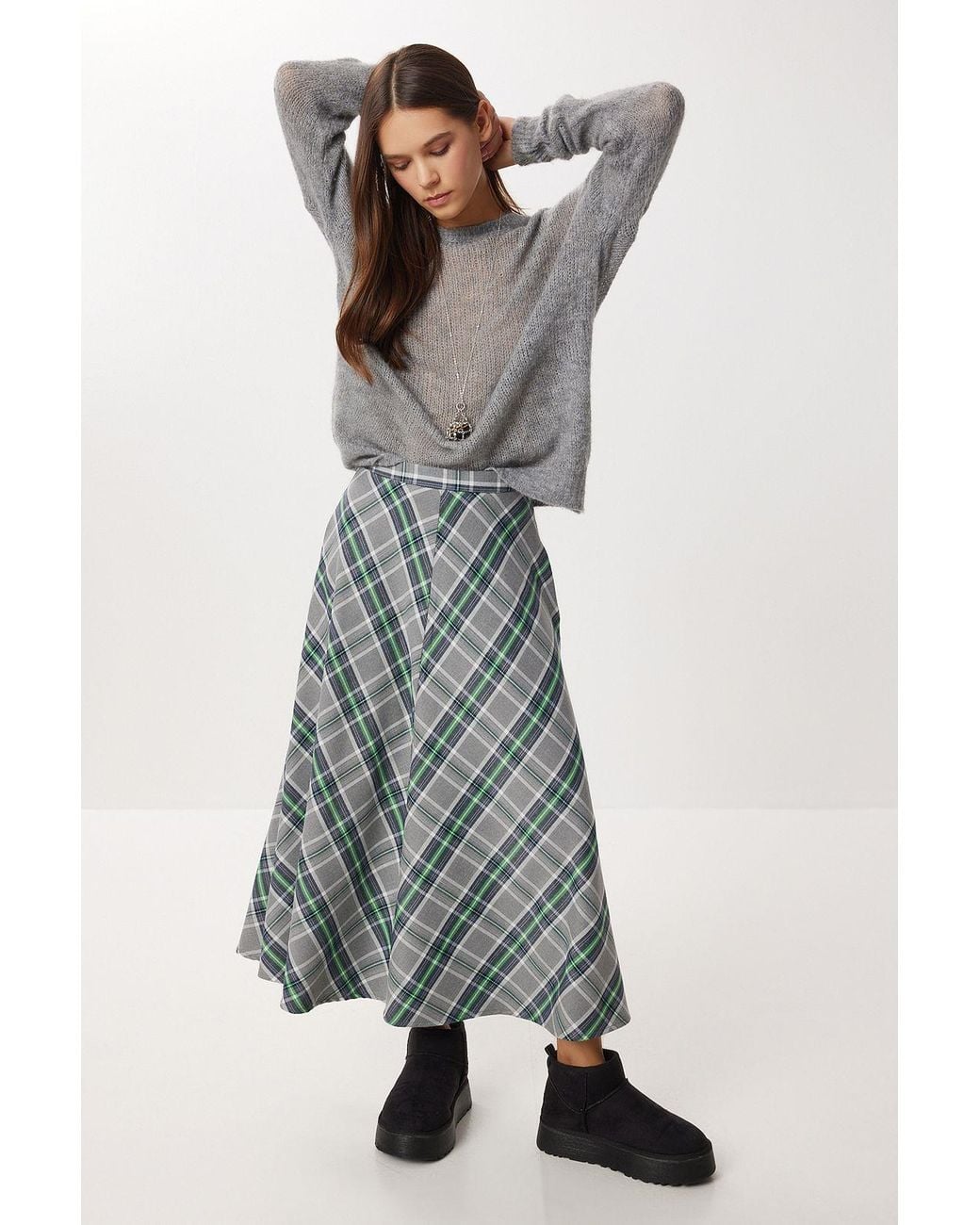 Happiness İstanbul Gray Pocket Detailed Long Plaid Skirt With Zipper Closure