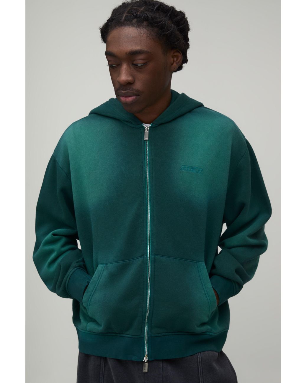 BoohooMAN Green Oversized Boxy Spray Wash Embroidered Double Ended Zip Through Hoodie for men
