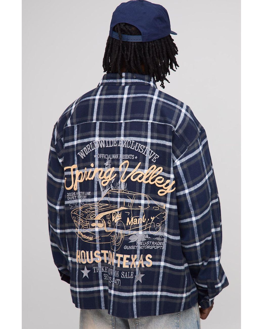 BoohooMAN Blue Tall Western Car Back Embroidered Flannel Shirt for men