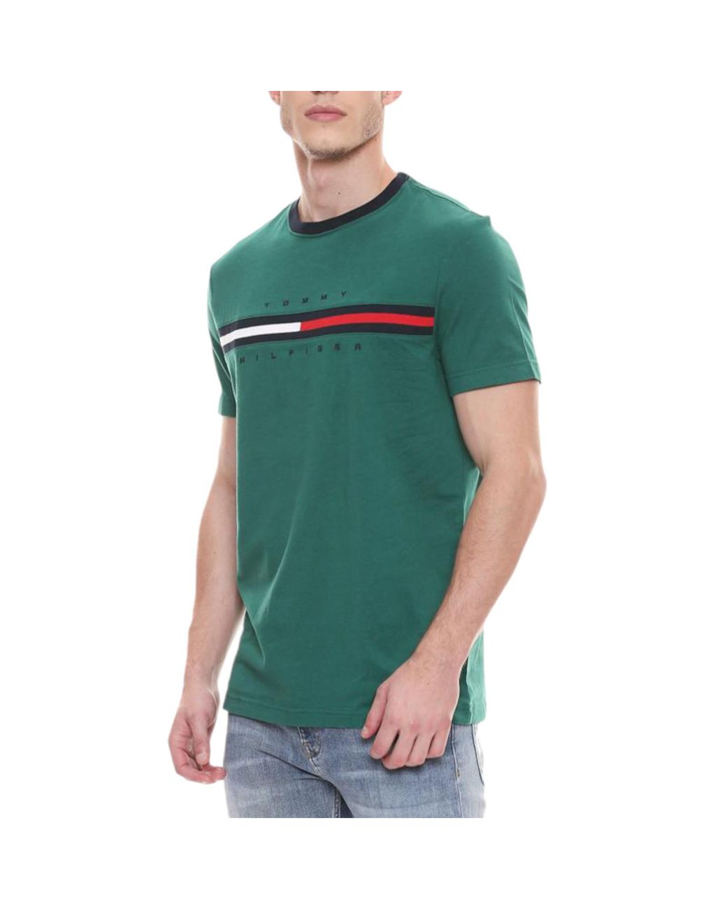 Tommy Hilfiger Green T Shirts Signature Stripe Tee for men