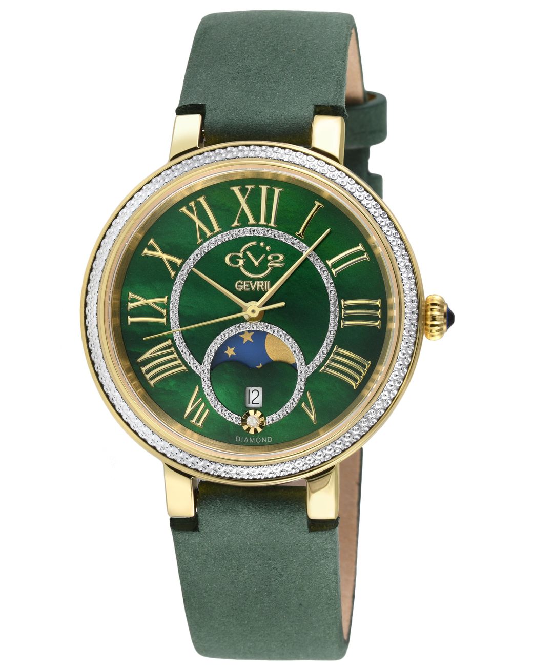 Gv2 Green Genoa Ss Ip Case, Mop Dial, Authentic Handmade Ion Suede Leather Strap