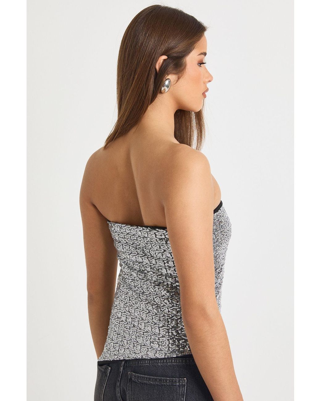 Boohoo Gray Sequin Bandeau Asym Hem Top