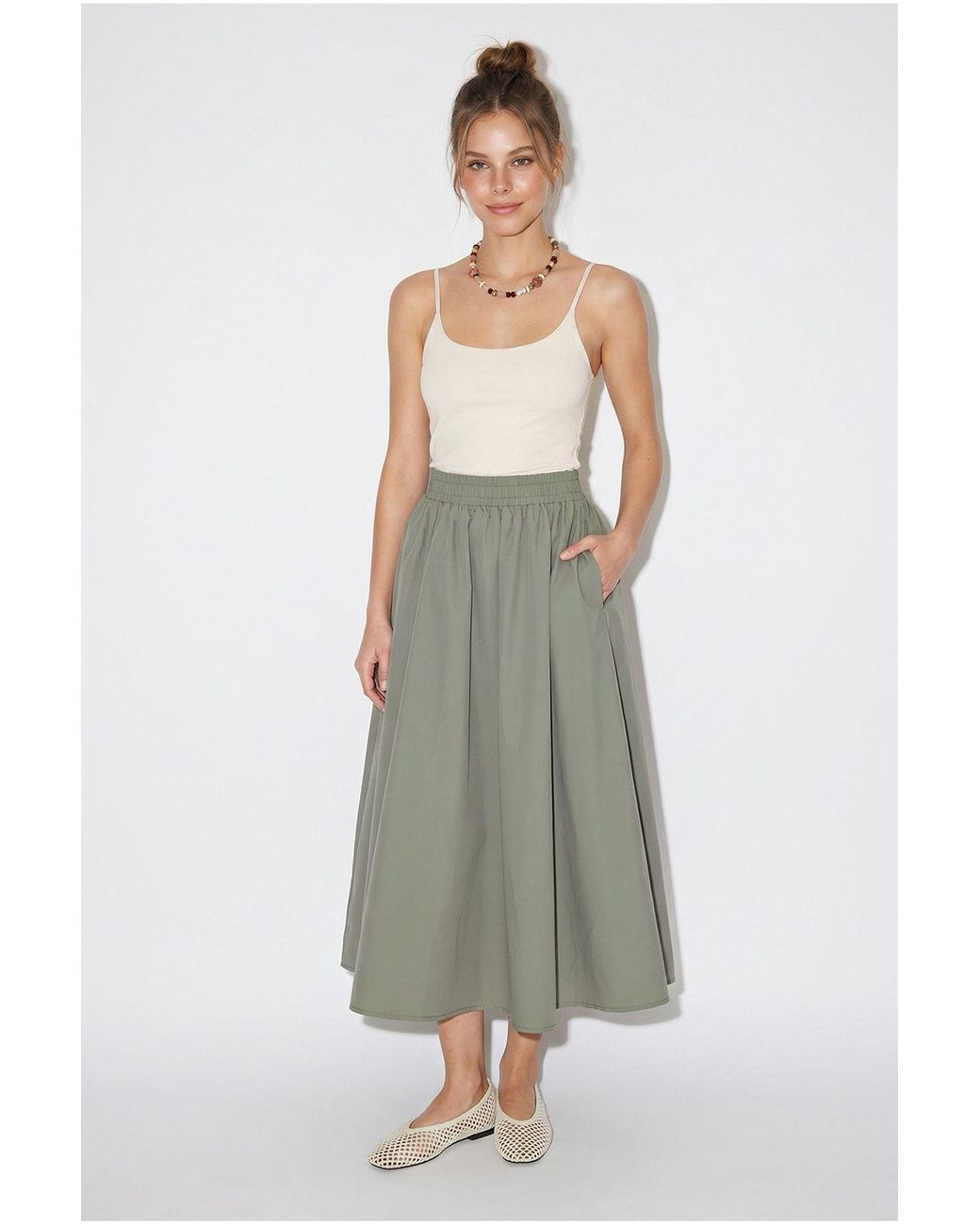 Bianco Lucci Multicolor High-Waist Cotton Poplin Midi Skirt