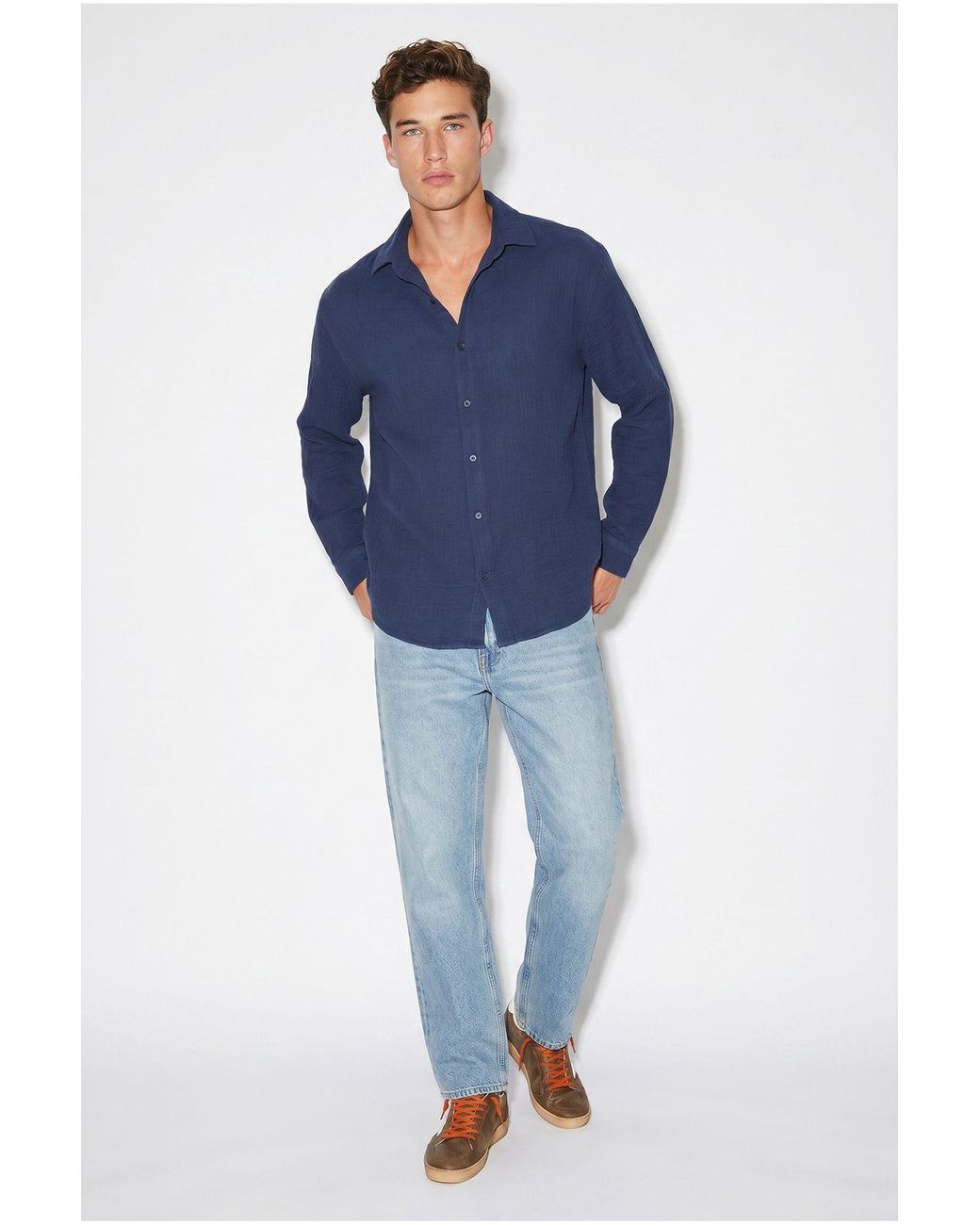 Bianco Lucci Blue Oversized Textured Button-Front Shirt