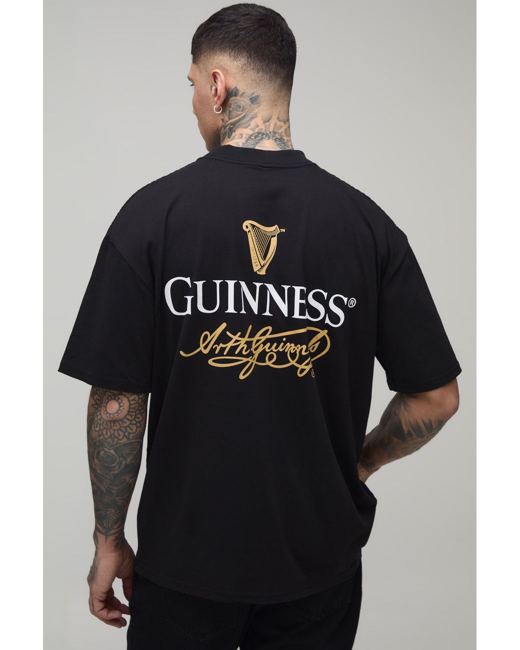 BoohooMAN Blue Tall Oversized Extended Neck Guinness License Printed T-Shirt Cotton for men