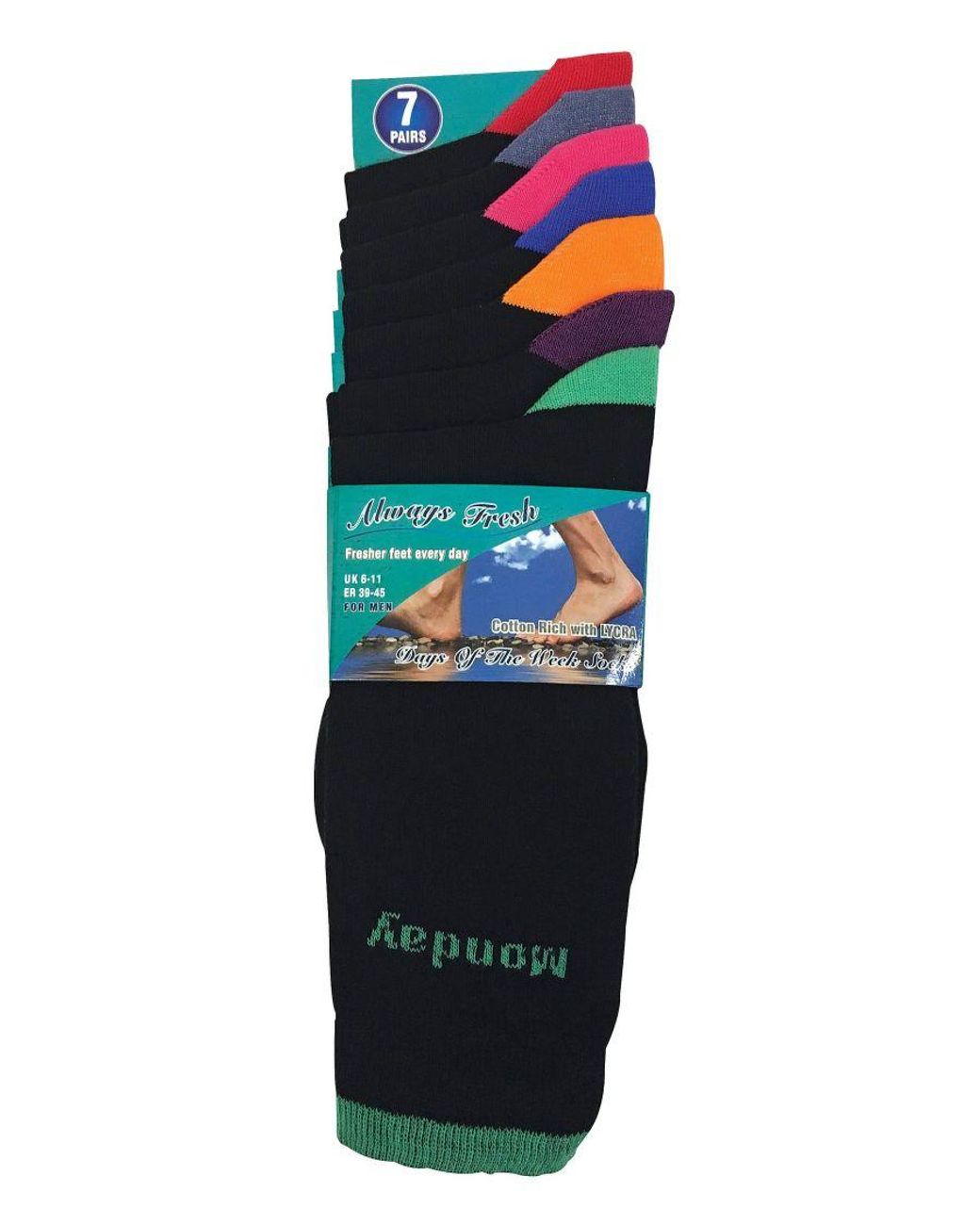 Sock Snob Black 7 Pack Coloured Heel And Toe Day Of The Week Cotton Socks for men