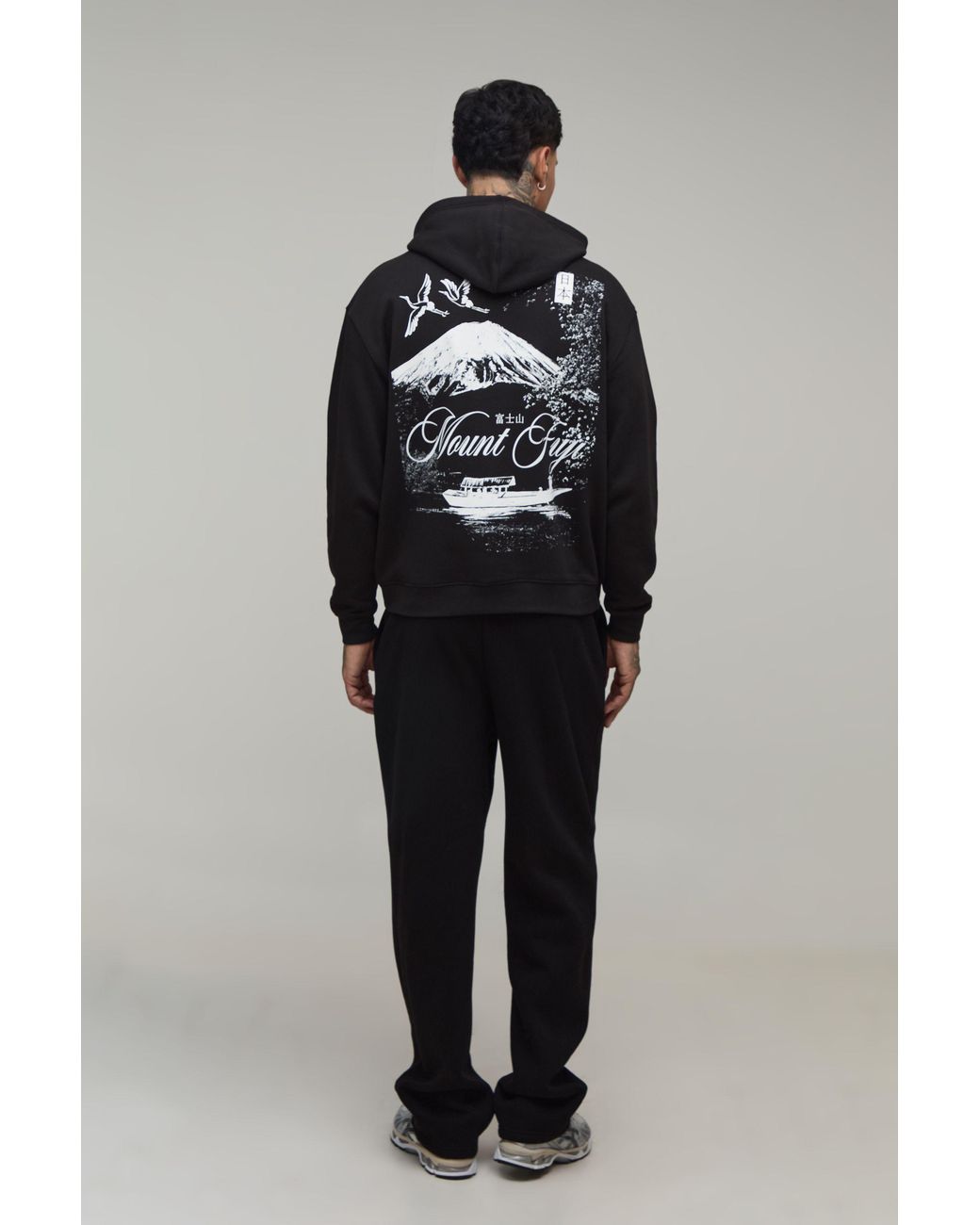 BoohooMAN Gray Tall Oversized Mount Fuji Graphic Hoodie Cotton for men