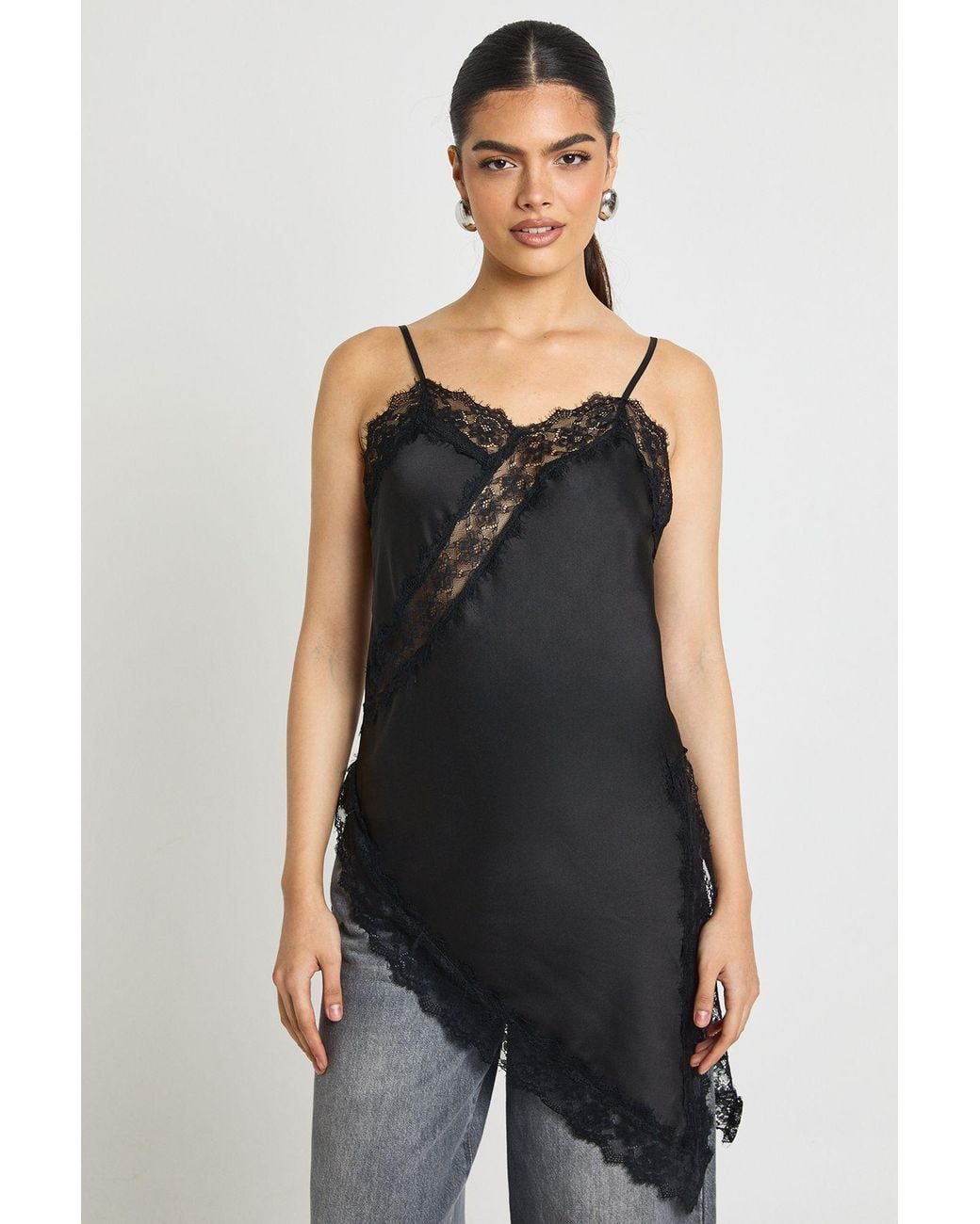 Boohoo Black Satin Lace Longline Cami