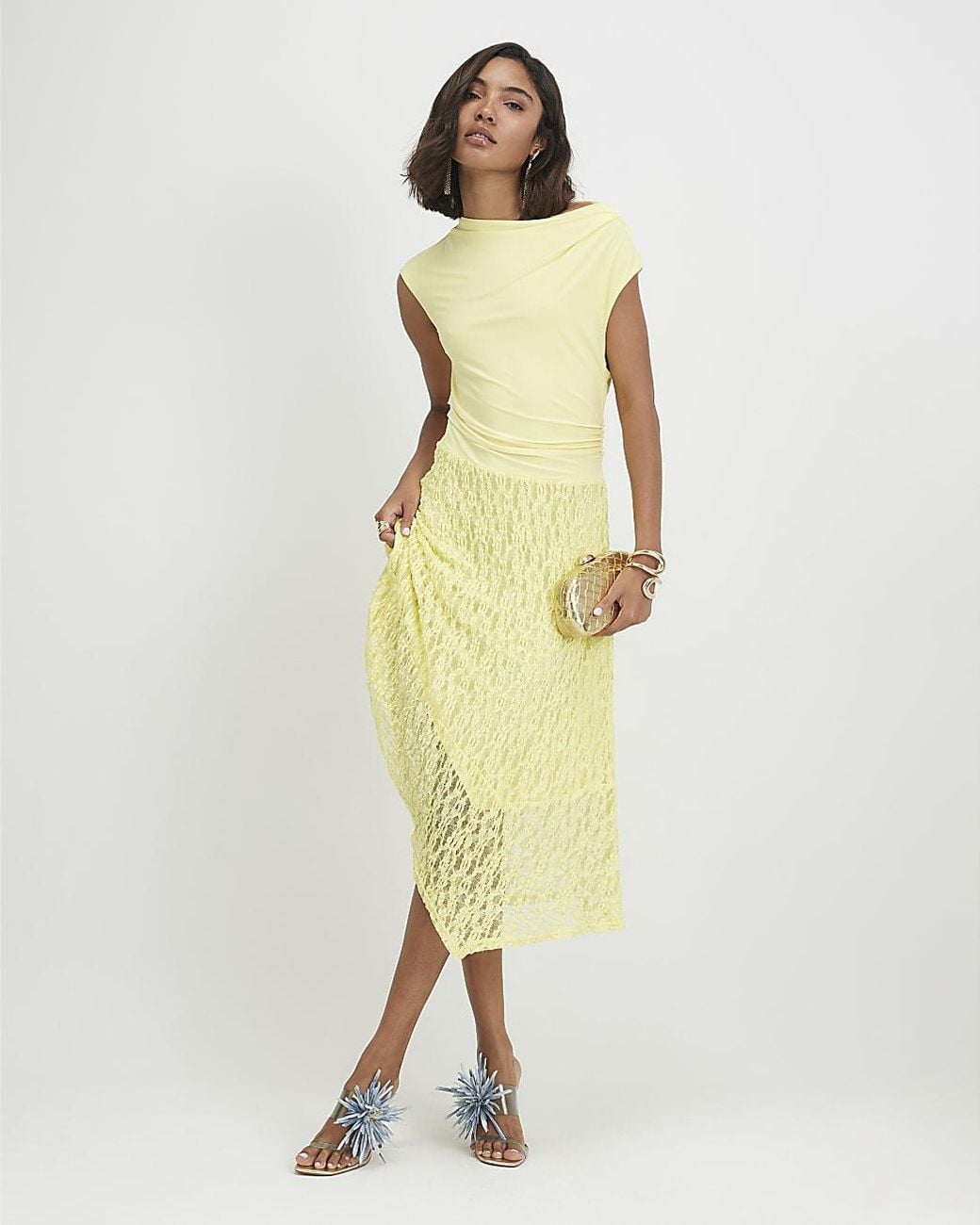 River Island Yellow Drape Midi Dress Hybrid Lace Skirt