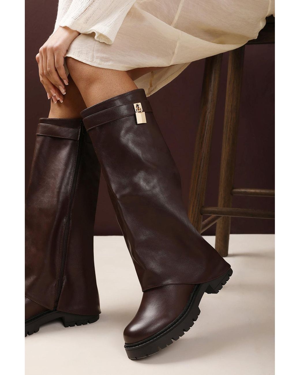 Where's That From Black 'Brescia' Fold Over Knee High Chunky Sole Boots
