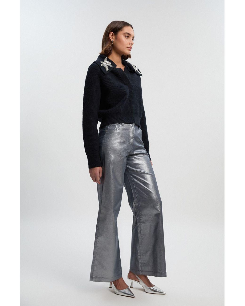 Karen Millen Blue Metallic Coated Denim Wide Leg Jean