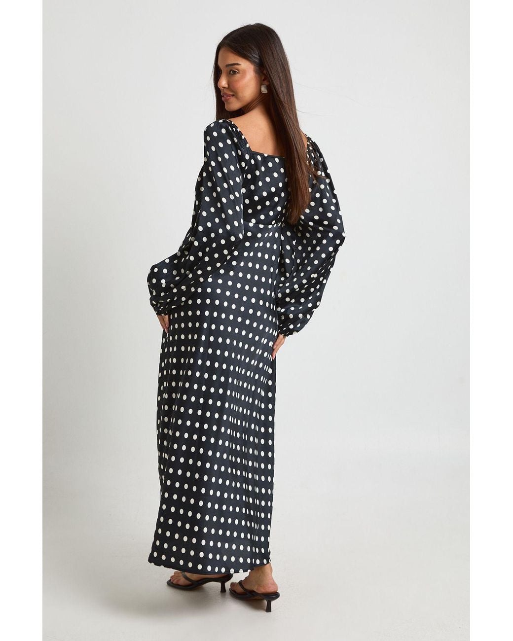 Boohoo Black Polka Dot Volume Sleeve Satin Midaxi Dress