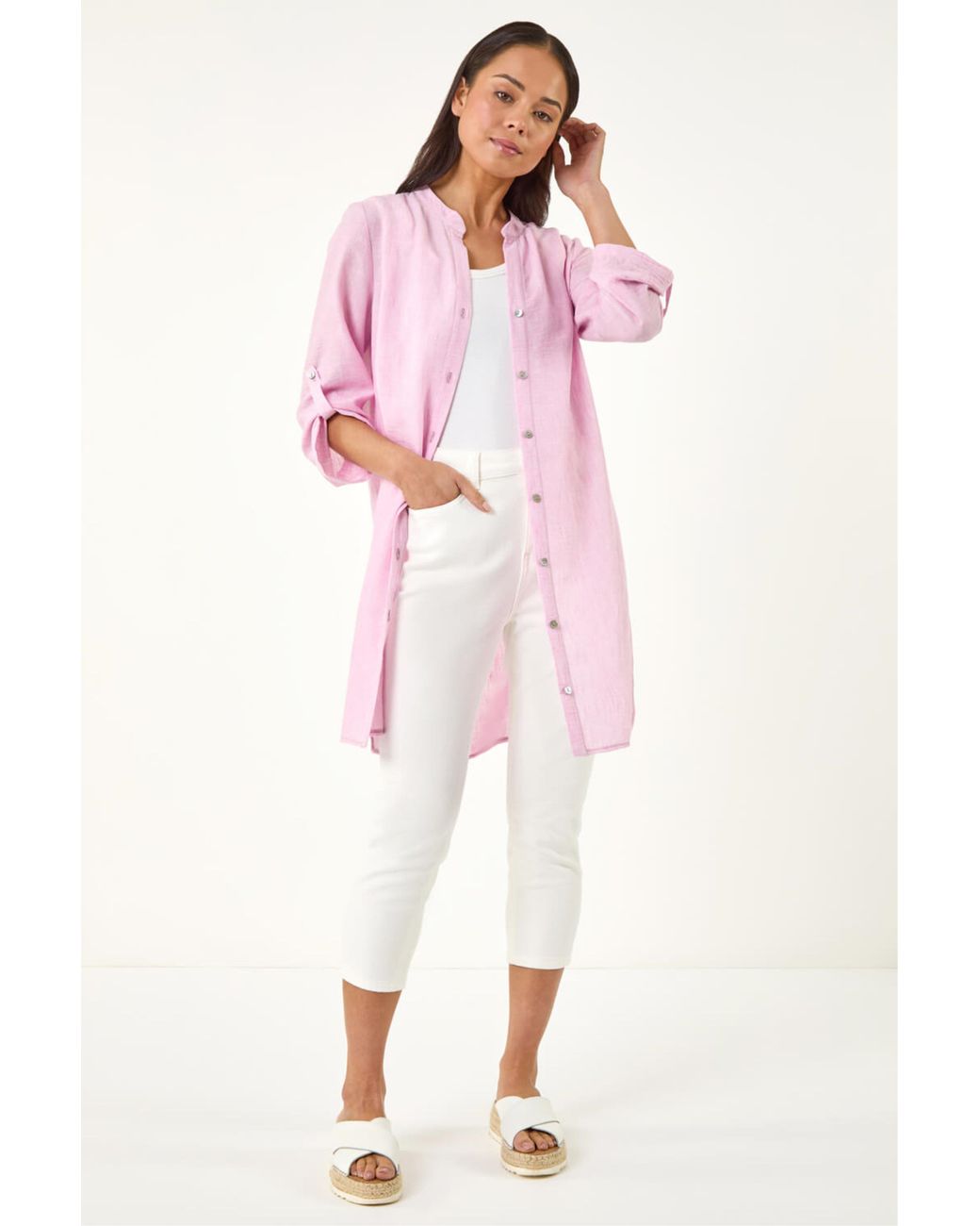 Roman Pink Petite Cotton Front Button Overshirt