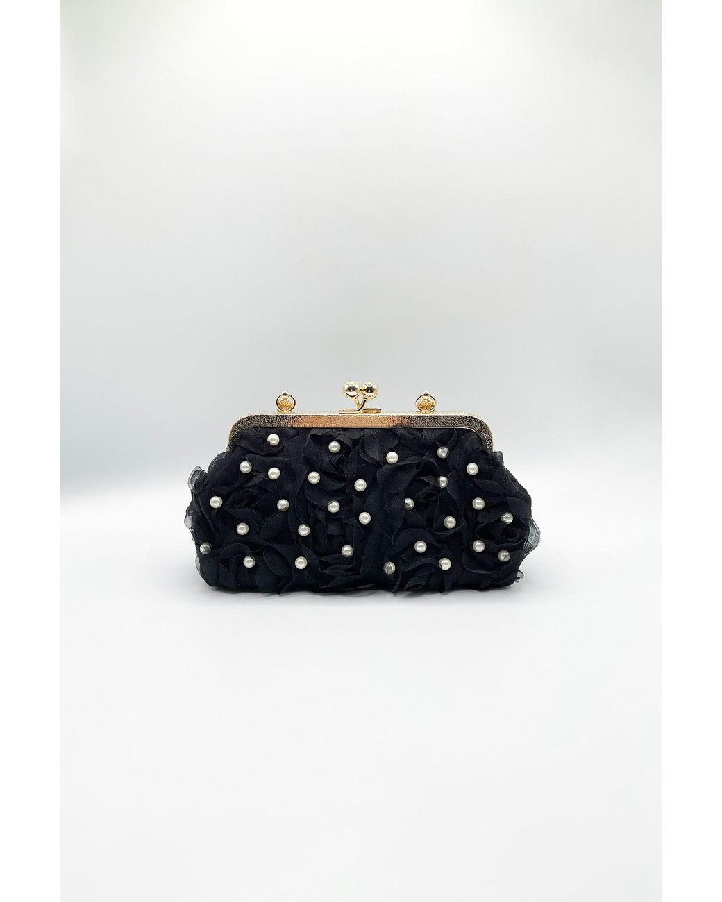 SVNX Black Lace Floral Clutch Bag With Pearl