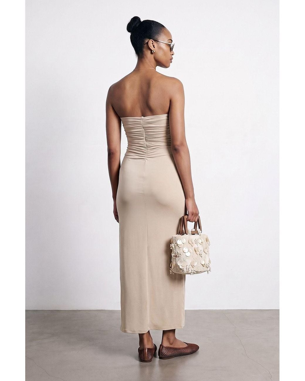 Dilvin Natural Strapless Bodycon Maxi Dress With Slit