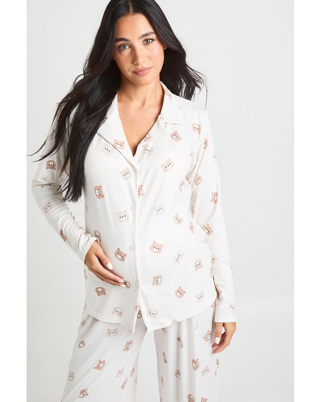 Boohoo White Maternity Bear Print Shirt & Trouser Pyjama Set
