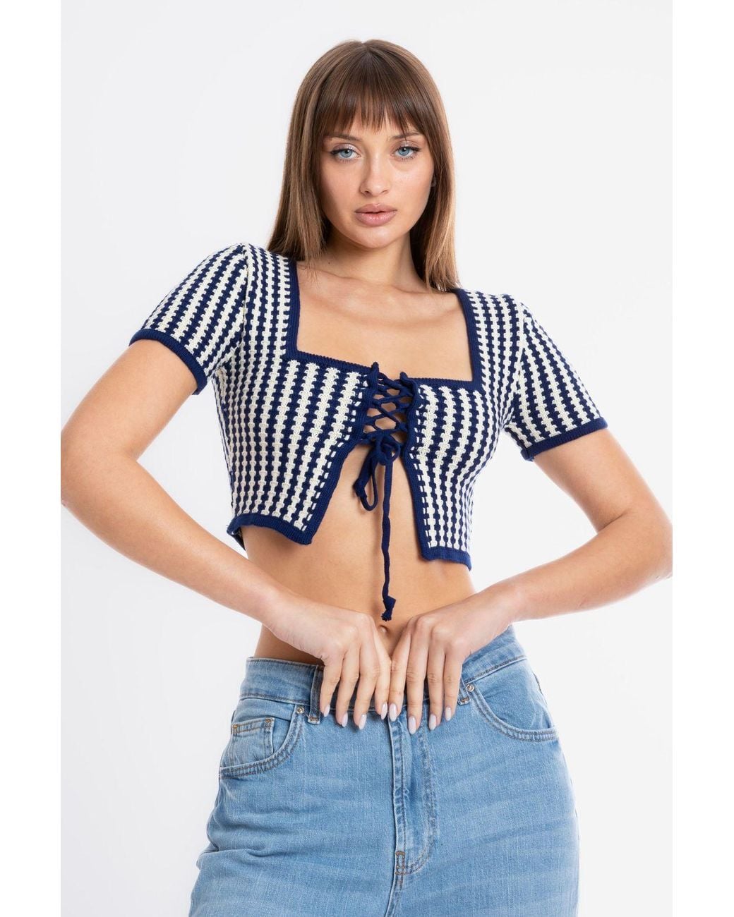 Hiccup Blue Geometric Square Neck Lace Up Short Sleeve Cropped Cardigan