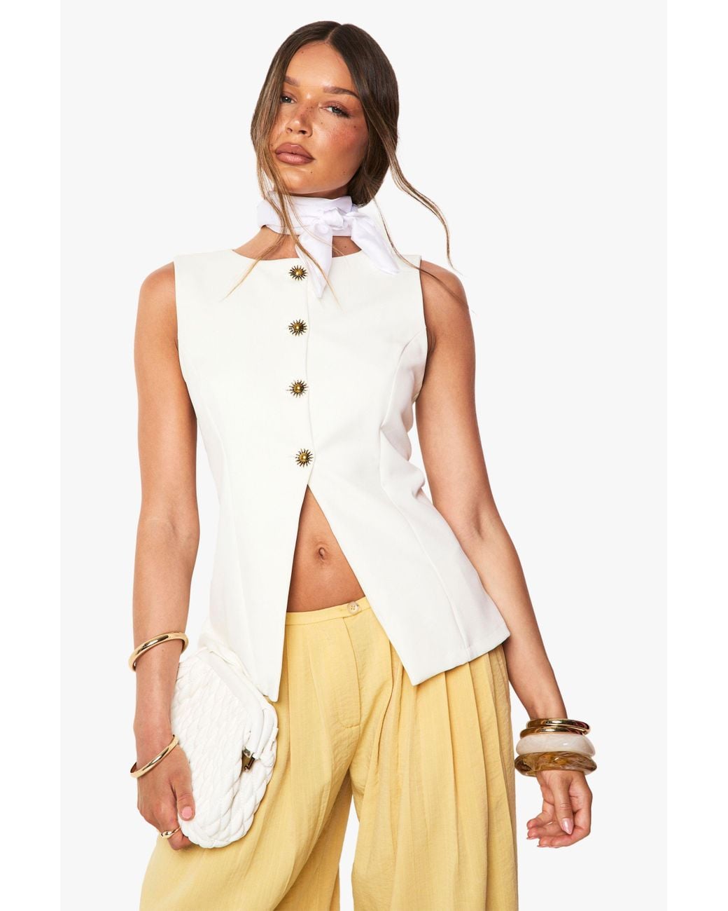 Boohoo White Sunshine Trim Fitted Waistcoat