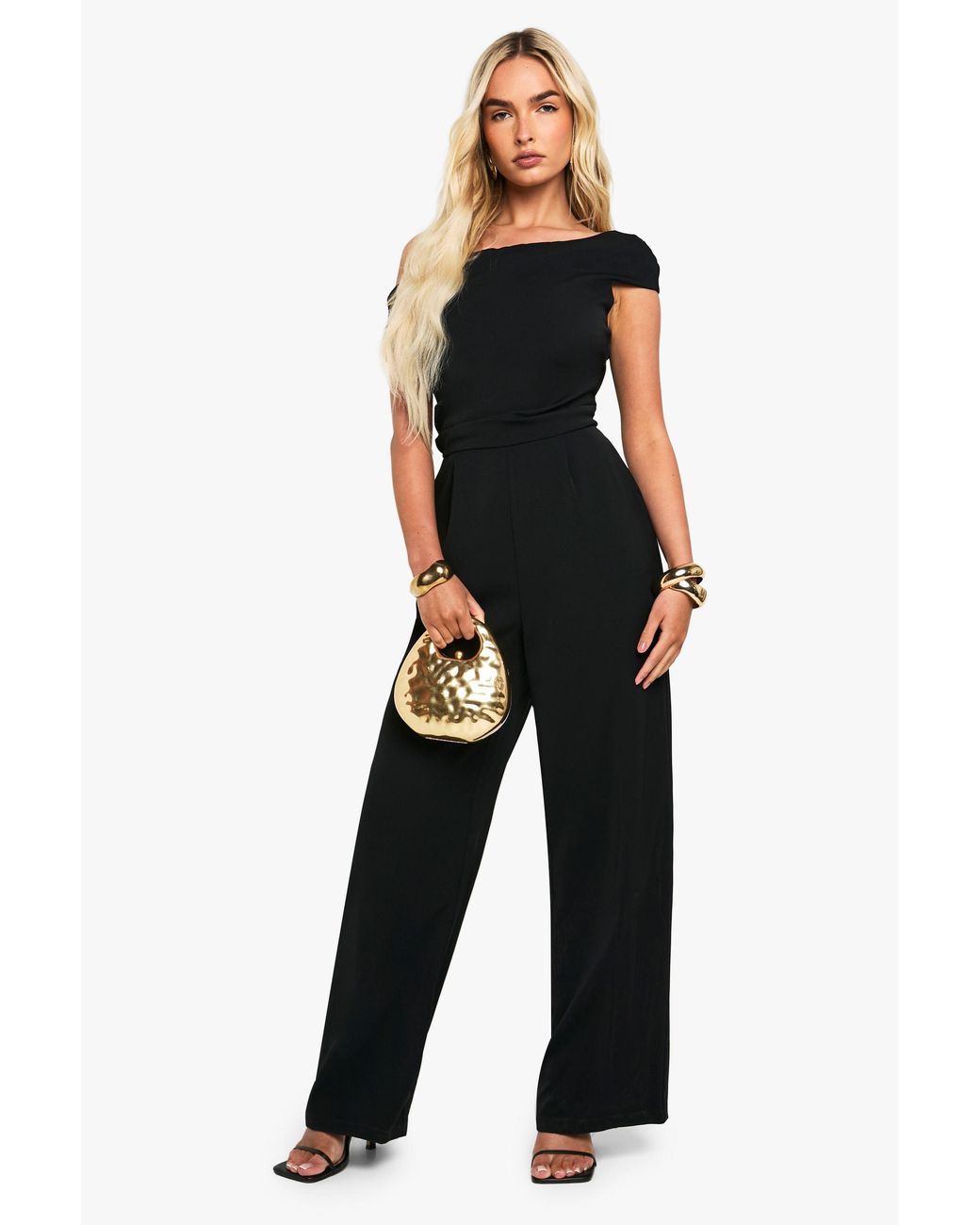 Boohoo Black Asymmetric Drape Tailored Wide Leg Jumpsuit