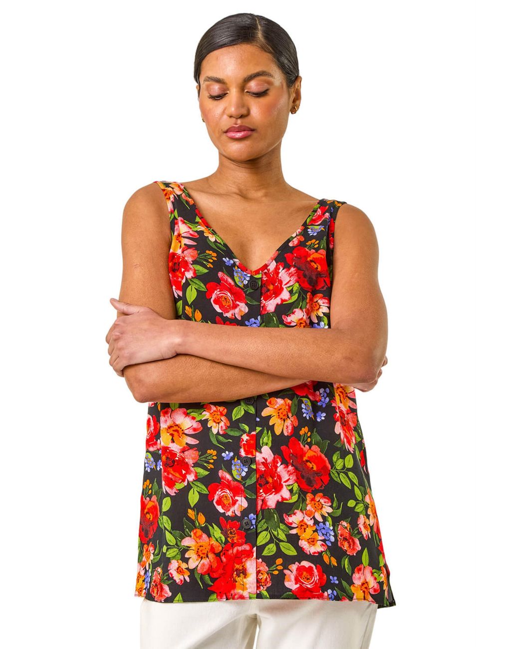 Roman Red Floral Buttoned Vest Top
