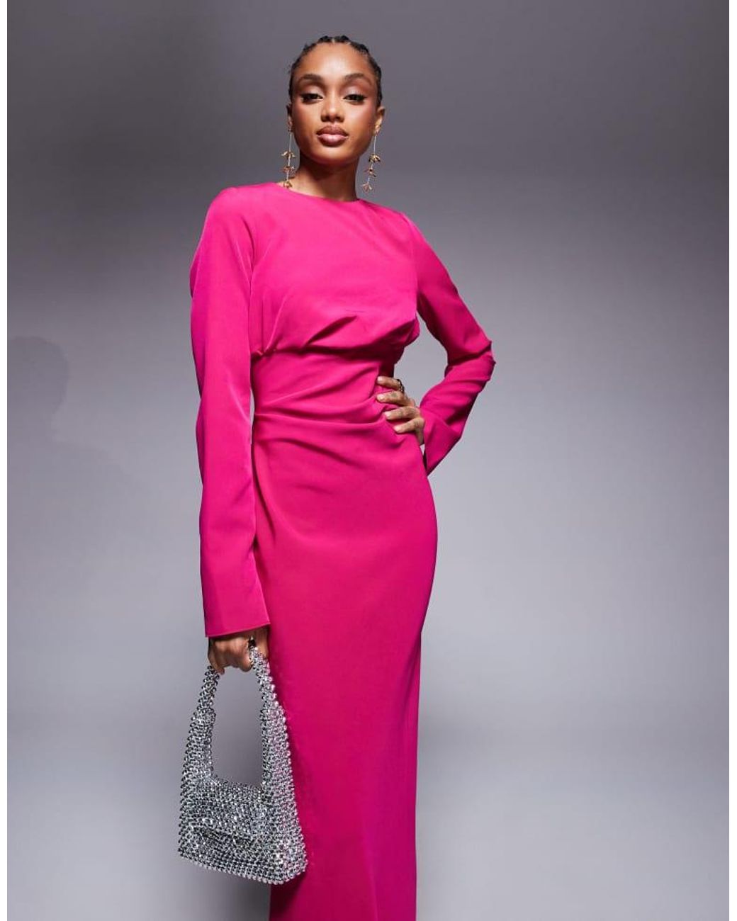 ASOS Pink Design Structured Long Sleeve Maxi Dress With Ruched Bust