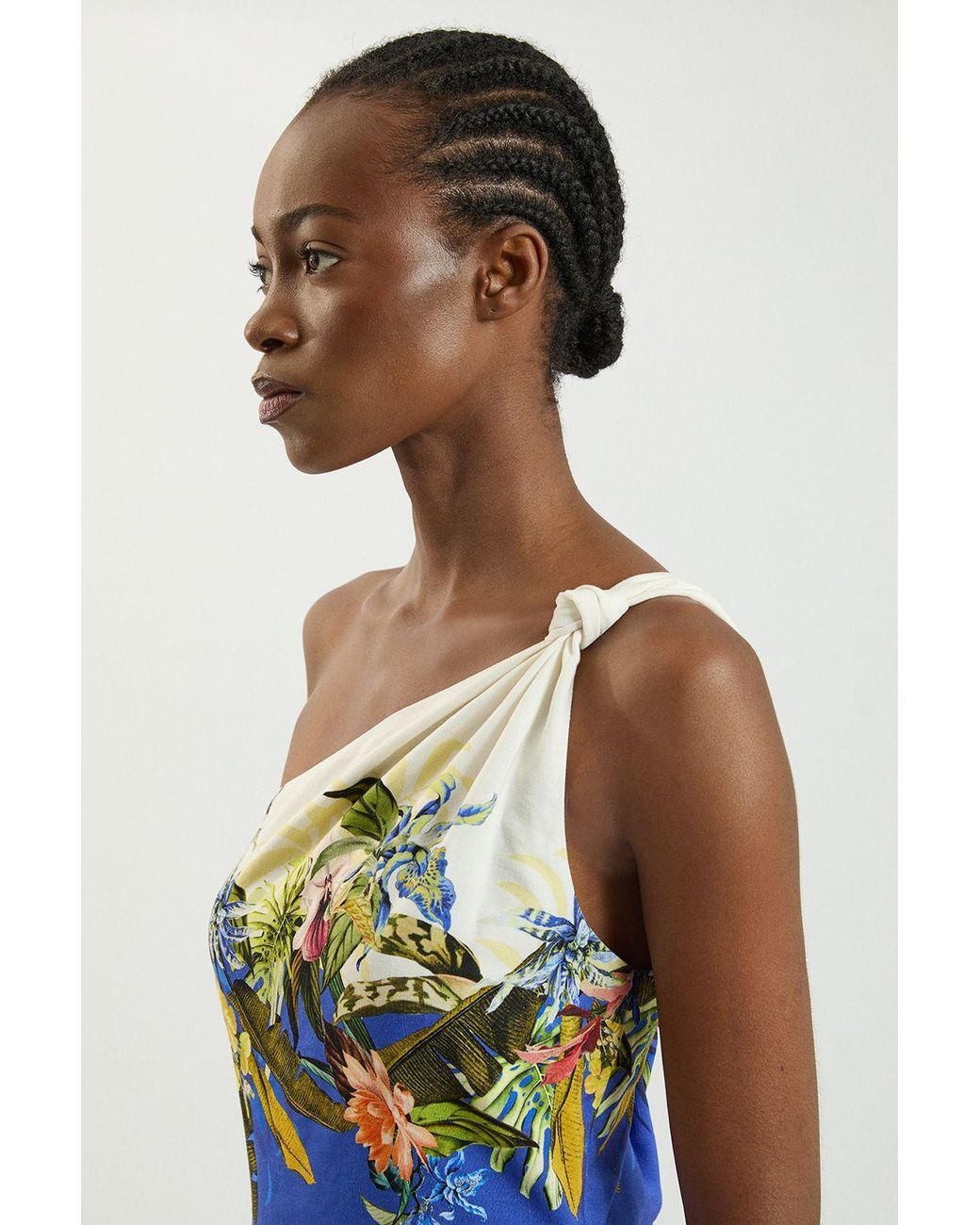 Karen Millen Blue Placement Print Linen Viscose One Shoulder Midi Dress