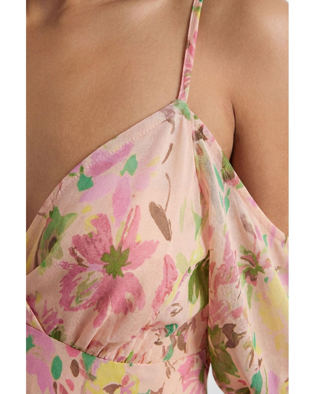 Warehouse White Twist Bodice Off Shoulder Floral Midi Dress