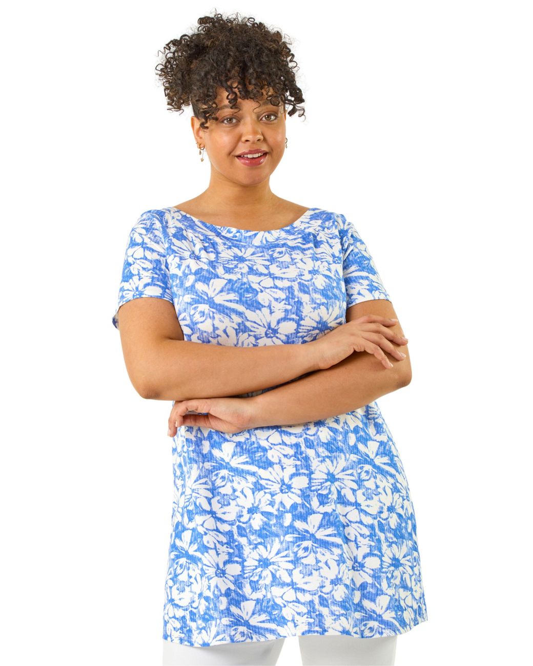 Roman Blue Curve Bardot Floral Stretch Top