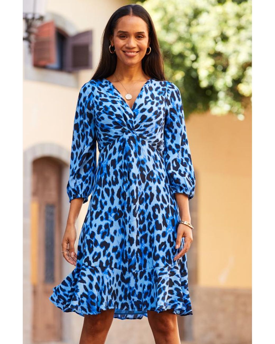 Sosandar Blue Animal Print Twist Front Fit & Flare Dress