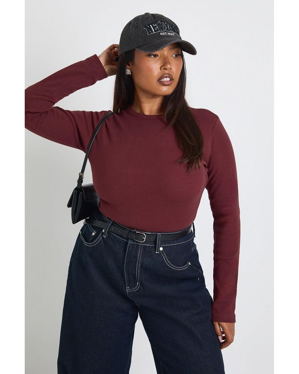 Boohoo Red Plus Basic Rib Long Sleeve Fitted Longline Top