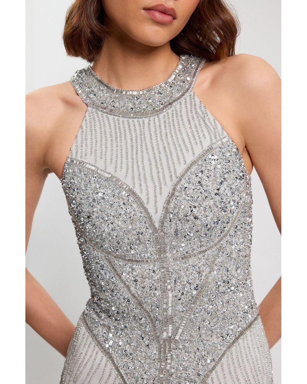 Karen Millen Metallic Petite Crystal Embellished Halter Woven Maxi Dress