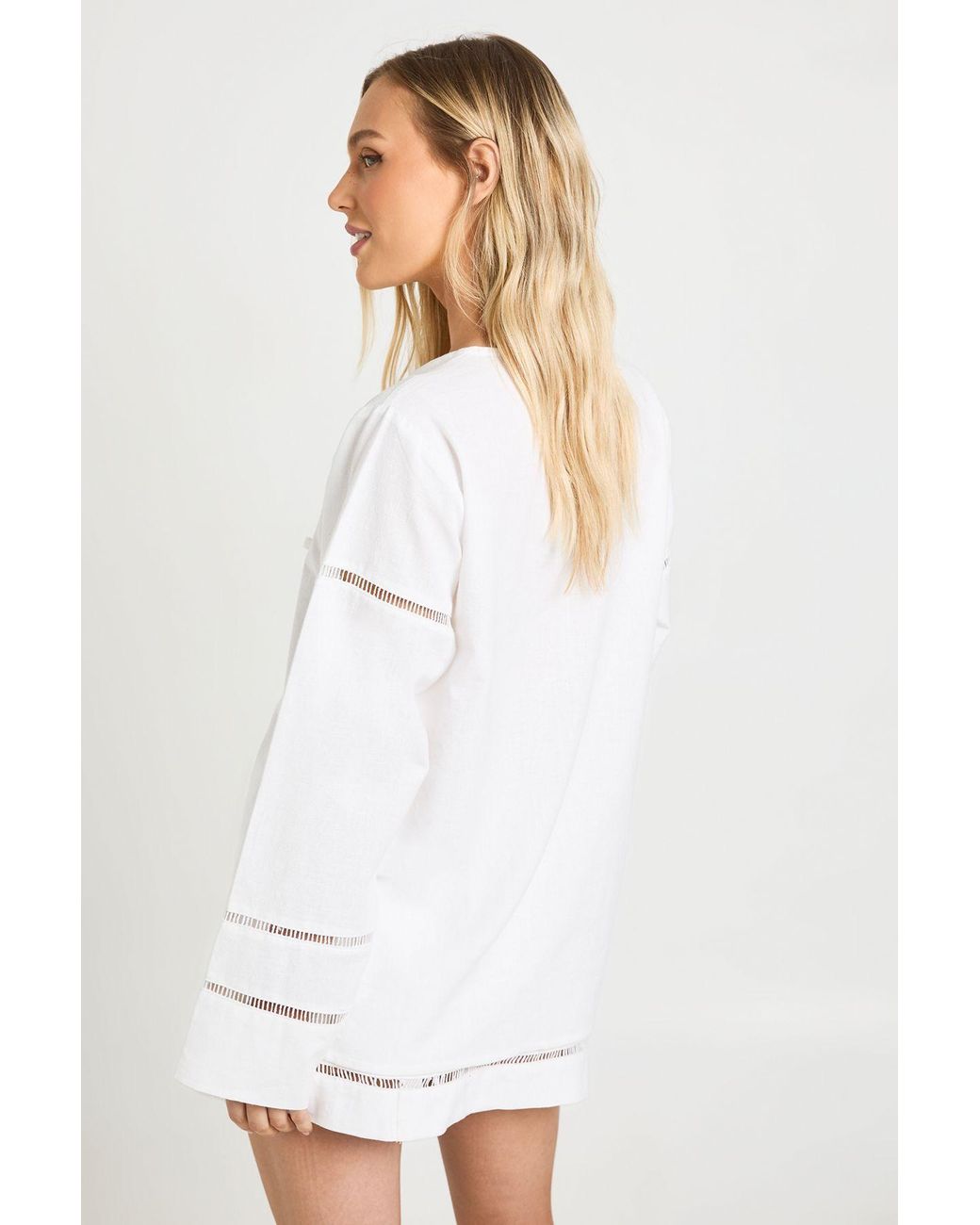 Boohoo White Petite Linen Ladder Insert Tie Front Shirt And Mini Skirt Co-Ord