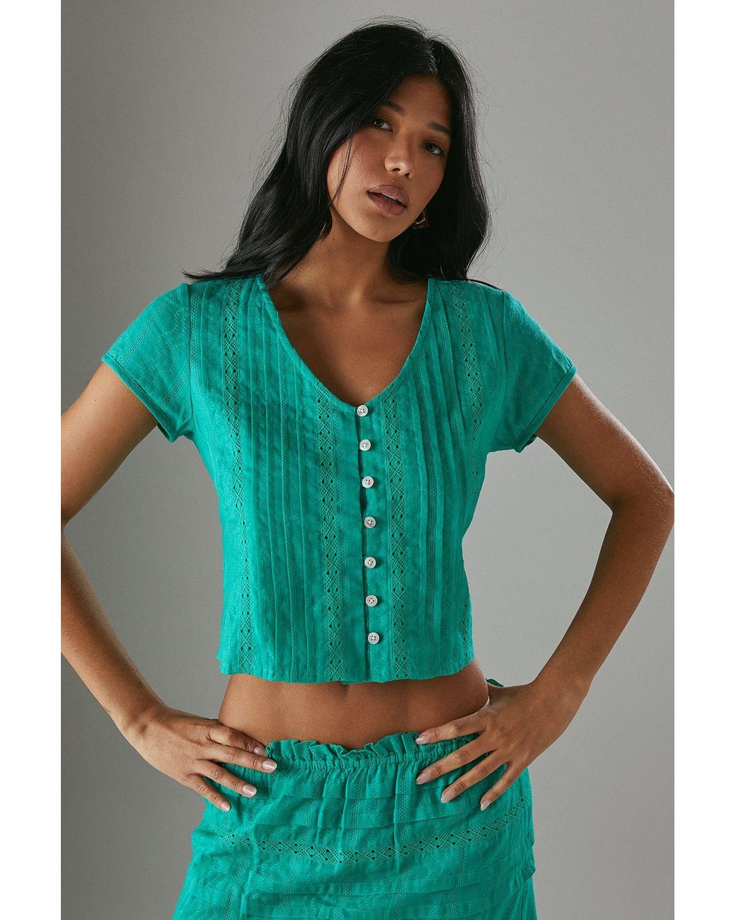 Warehouse Green Cotton Dobby Trim Insert Boho Skirt