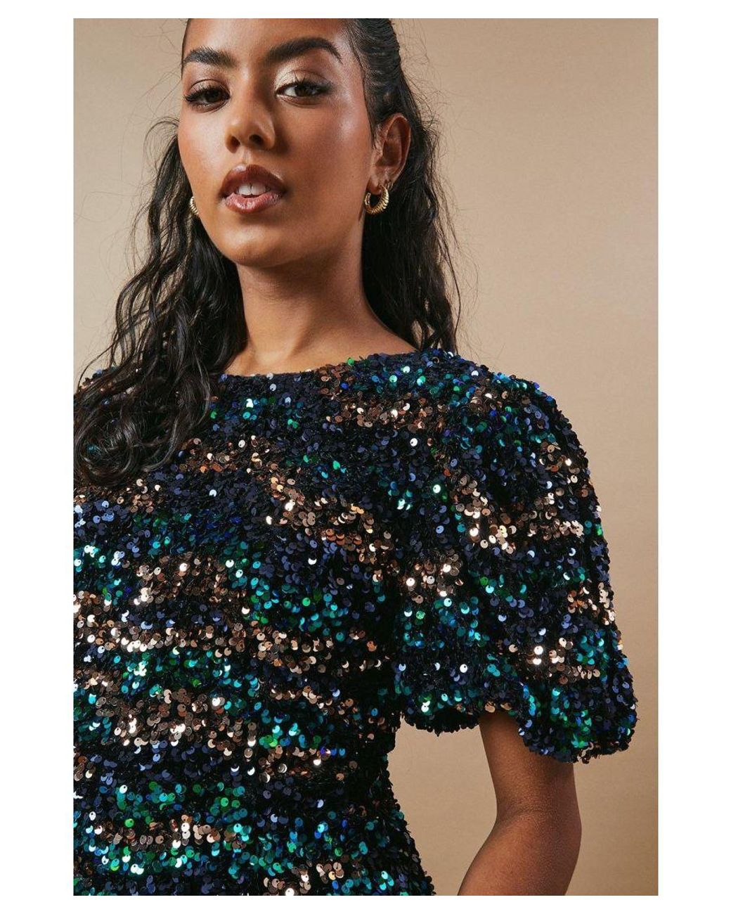 Oasis Blue Petite Occasion Puff Sleeve Sequin Mini Dress