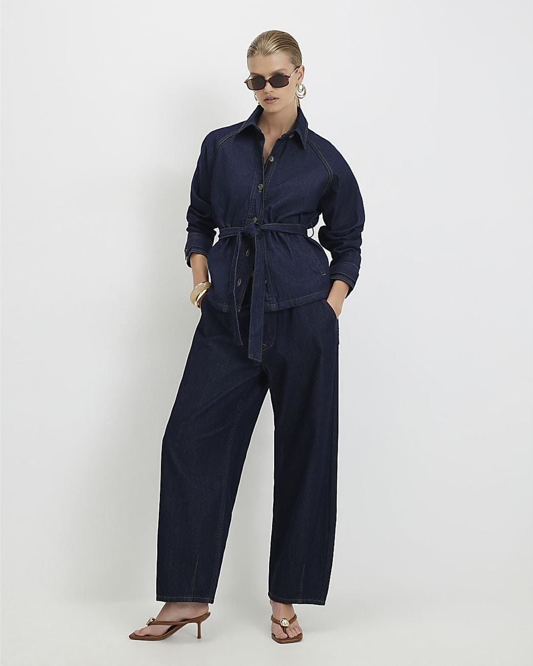 River Island Blue Trench Jacket Denim Cropped Cotton