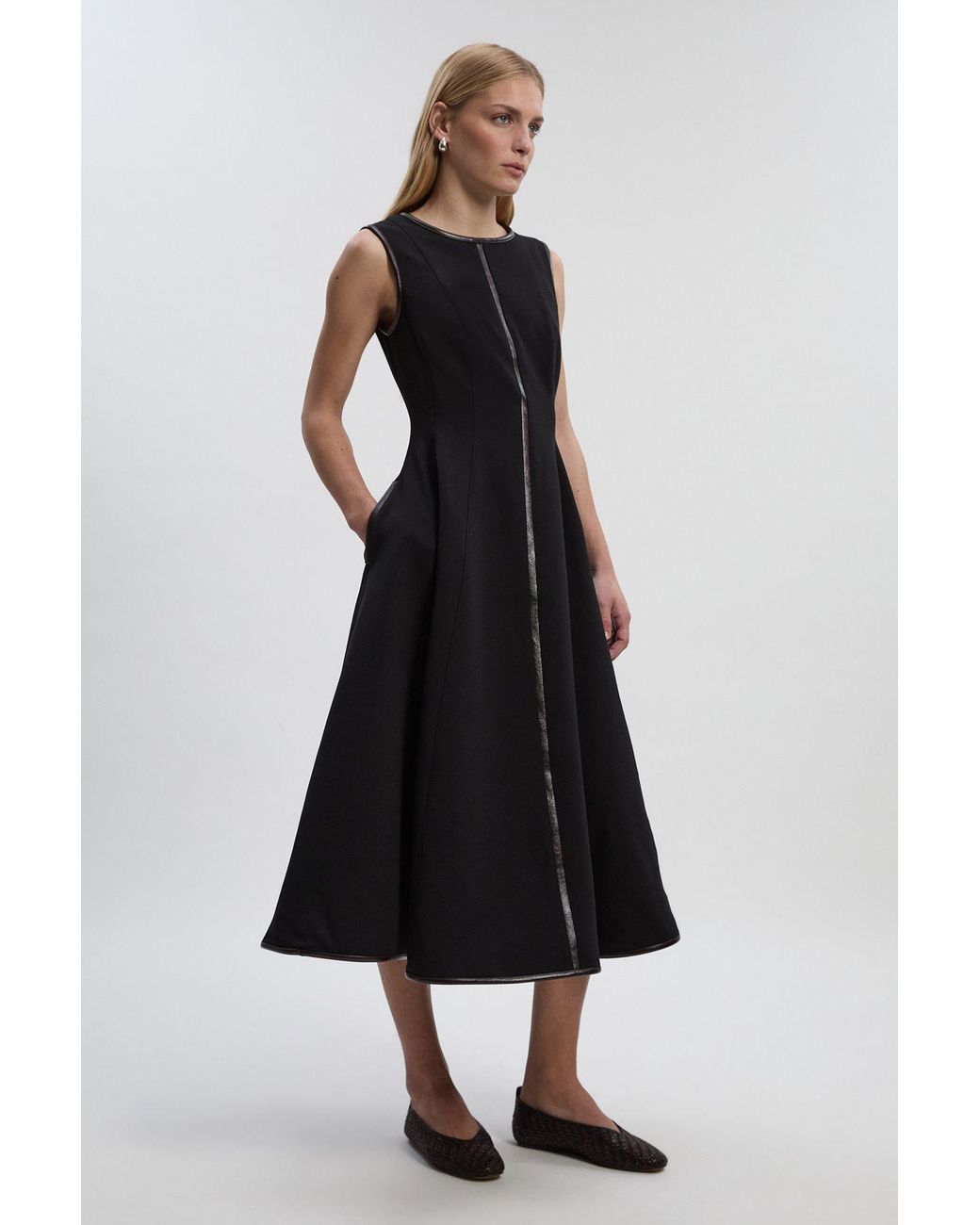 Karen Millen Black Compact Stretch Pu Mix Sleeveless Full Skirted Tailored Midi Dress