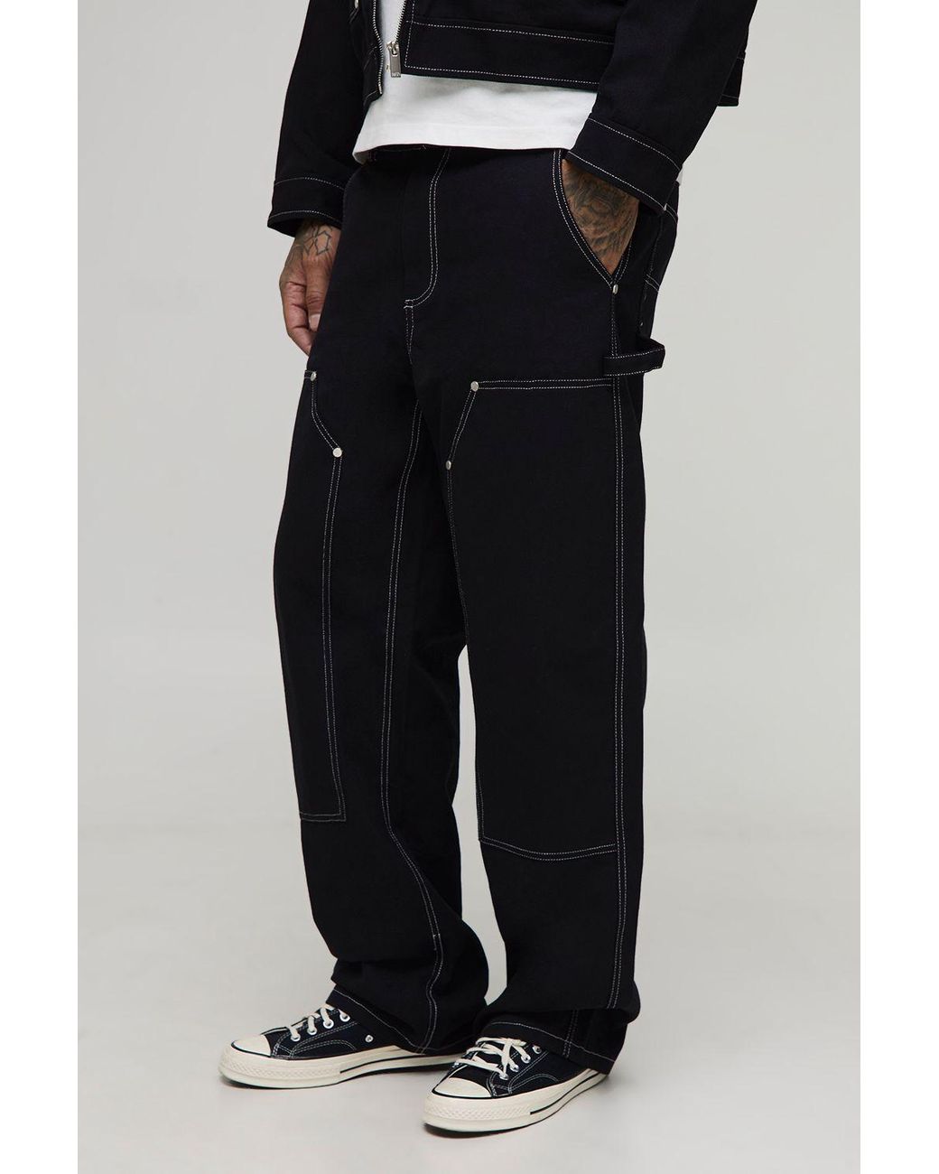 BoohooMAN Black Tall Canvas Relaxed Fit Worker Pants for men