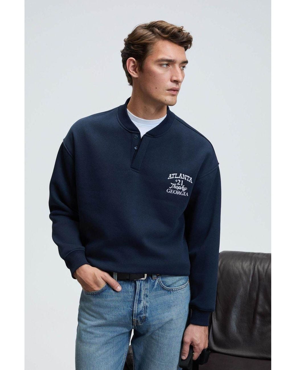 Grimelange Blue Mandarin Collar Printed Sweatshirt for men