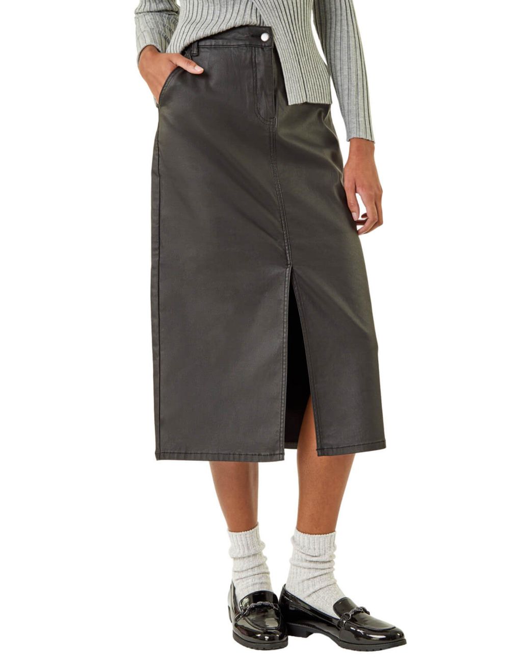 Roman Gray Coated Midi Pencil Skirt