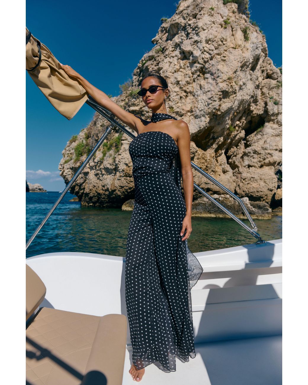 Boohoo Blue Mono Polka Dot Scarf Detail Wide Leg Jumpsuit