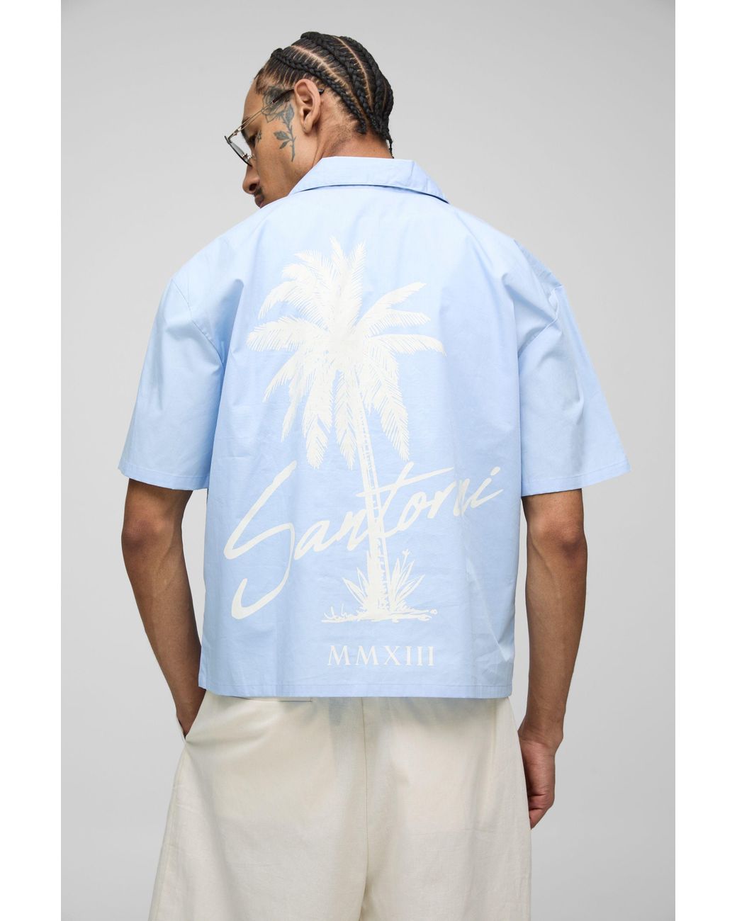 BoohooMAN Blue Oversized Boxy Palm Revere Shirt for men
