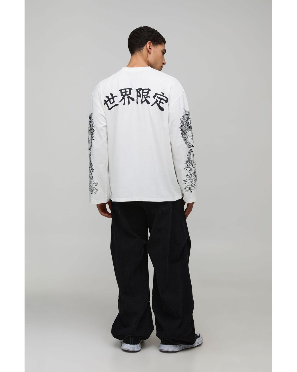 BoohooMAN Gray Oversized Dragon Graphic Long Sleeve T-Shirt for men