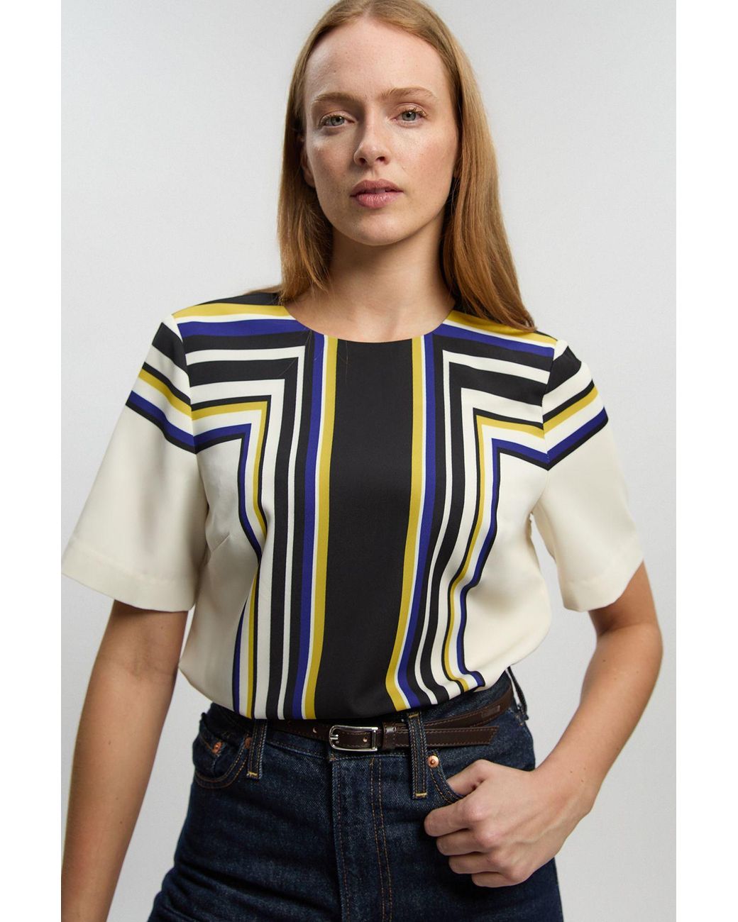 Karen Millen Black Contrast Stripe Twill Woven Angel Sleeve Blouse