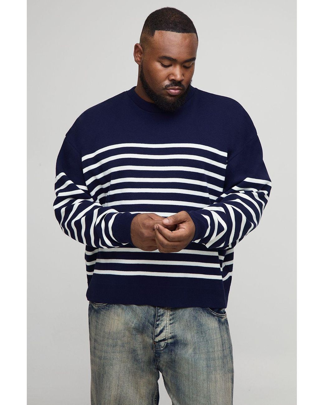 BoohooMAN Blue Plus Knitted Stripe Oversized Crew Neck Sweater for men