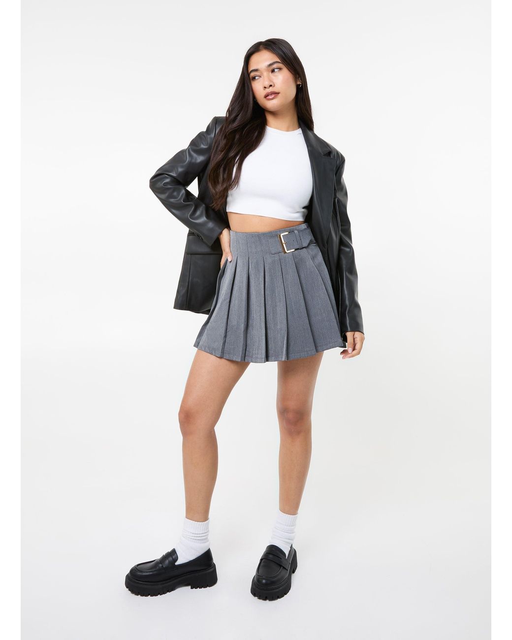 Pink Vanilla Gray Tailored Belted Pleat Mini Skirt