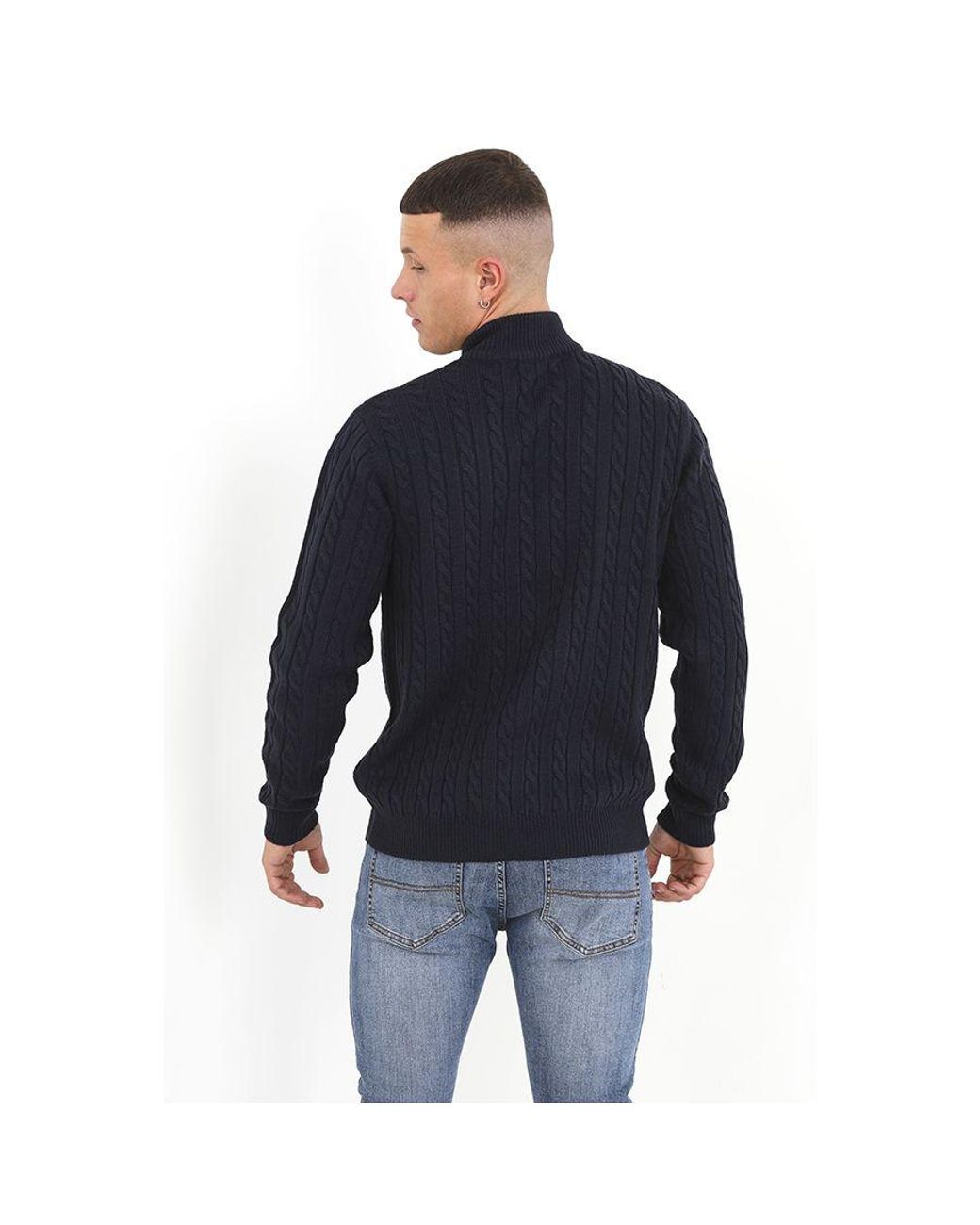 Brave Soul Blue Midnight 'August' Quarter Zip Neck Cable Knit Jumper for men